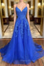 Blue Tulle with Lace A-line Floor Length Party Dresses Blue Junior Formal Prom Dresses Formal Prom Dresses shops