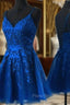 Blue Tulle with Lace Straps Short Homecoming Dresses, V-neckline Blue Formal Prom Dresses