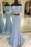 Blue Two-Piece Off-the-Shoulder Lace Mermaid Long Formal Prom Dresses