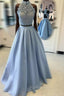 Blue Two Pieces Lace Long Formal Prom Dresses, Blue Lace Evening Dresses