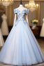Blue V Neck Tulle Lace Long Formal Formal Prom Dresses. Blue Sweet 16 Dresses