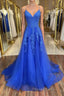 Blue v neck tulle lace long Formal Prom dress, blue lace bridesmaid dress