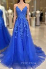 Blue V Neck Tulle Lace Long Formal Prom Dresses, Blue Tulle Evening Dresses