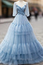Blue V-Neck Tulle Long Formal Prom Dresses, A-Line Evening Party Dresses