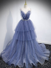 Blue v neck tulle sequin long prom dress, blue evening dress