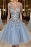 Blue v neck tulle sequin short Formal Prom dress, blue homecoming dress