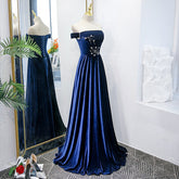 Blue Velvet Beaded Elegant Off Shoulder Evening Dress, Blue Long Prom Dress Party Dress