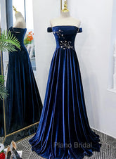 Blue Velvet Beaded Elegant Off Shoulder Evening Dresses, Blue Long Formal Prom Dresses Party Dresses