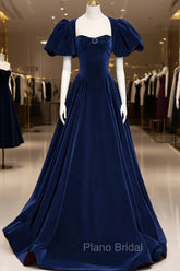 Blue Velvet Floor Length Formal Prom Dresses, Elegant Short Sleeve Evening Party Dresses