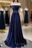 Blue Velvet Off the Shoulder Beading Pleats Formal Prom Dresses