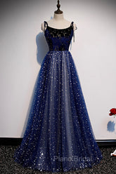 Blue Velvet Tulle Long A-Line Formal Prom Dresses, Blue Spaghetti Straps Evening Dresses