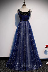 Blue Velvet Tulle Long Formal Prom Dresses, A-Line Evening Party Dresses