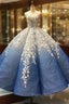 Blue White Ball Gown 3D Flower Cap Sleeve Haute Couture Formal Prom Dresses