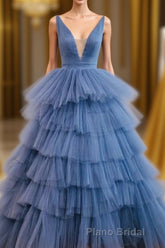 Blue V Neck Tiered Sleeveless Tulle Formal Prom Dresses, Gorgeous Long Party Dresses