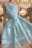 Elegant Blue A-line One Shoulder Mini Short Formal Prom Homecoming Dresses