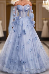 Blue Long Sleeves Tulle Formal Prom Dresses with Flowers, Puffy Off the Shoulder Quinceanera Dresses