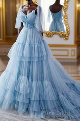 A Line V Neck New Style Tiered Long Tulle Formal Prom Dresses, Evening Gown with Flower