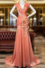 Bright Orange Mermaid V-Neck Satin Beaded Long Formal Prom Dresses Sequined Formal Gown