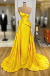 Bright Yellow Strapless Metallic Sequin Overskirt Formal Prom Dresses