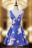 Brilliant Blue Print Homecoming Dresses With Plunge V Neckline