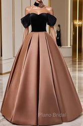 Brown Satin And Black Velvet Formal Prom Dresses, Off Shoulder A-Line Party Dresses