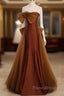 Brown Tulle And Satin Mermaid Long Party Dresses, Long Formal Dresses Formal Prom Dresses