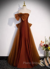 Brown Tulle and Satin Mermaid Long Party Dresses, New Style Long Formal Dresses Formal Prom Dresses