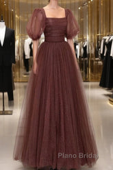 Brown Tulle Floor Length Formal Prom Dresses, A-Line Short Sleeve Evening Party Dresses