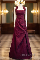 Burgundy A-Line Halter Vintage Style Formal Prom Dresses, Burgundy Long Evening Dresses