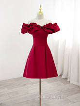Burgundy A-Line Off Shoulder Satin Short Formal Prom Dresses, Burgundy Homecoming Dresses