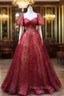 Burgundy A line Tulle Sequin Long Formal Prom Dresses Burgundy Tulle Formal Evening Dresses