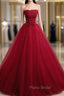 Burgundy Aline Tulle Beads Long Formal Prom Dresses, Burgundy Formal Dresses