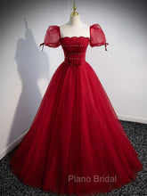 Burgundy Aline Tulle Beads Long Formal Prom Dresses, Burgundy Formal Dresses