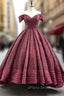 Burgundy Ball Gown Sequins Off the Shoulder Formal Prom Dresses