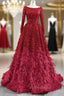 Burgundy Ball Gown Sequins Long Sleeve Feather Formal Prom Dresses