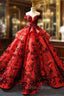 Burgundy Ball Gown Sequins Off the Shoulder 3D Flower Haute Couture Formal Prom Dresses