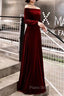Burgundy Classic Evening Dresses Velvet Long Sleeve Off Shoulder Formal Prom Dresses