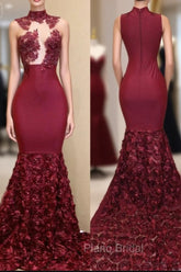 Burgundy Gold Appliques Long Sleevess Side Slit Open Back Mermaid Formal Prom Dresses