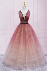 Burgundy Gradient Tulle Long Evening Dresses, A-Line V-Neck Graduation Party Dresses