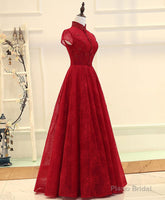 Burgundy High Low Lace Long Prom Dress, Burgundy Evening Dress