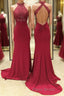 Burgundy high neck lace mermaid long Formal Prom dress, lace evening dress