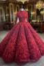 Burgundy High Neck Long Sleeve Appliques Formal Prom Dresses