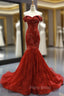 Burgundy Lace Mermaid Off The Shoulder Formal Prom Dresses With Beading