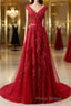 Burgundy Lace Formal Prom Dresses with Train, Wine Red Lace Formal Evening Dresses
