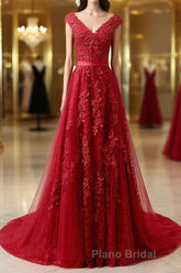 Burgundy Lace Formal Prom Dresses with Train, Wine Red Lace Formal Evening Dresses