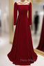 Burgundy Long Sleeve See Through Neck Formal Prom Dresses
