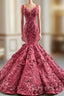 Burgundy Mermaid 3D Appliques Beading Straps Formal Prom Dresses