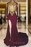 Burgundy mermaid High Neck Long Sleeve Appliques Formal Prom Dresses