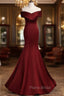 Burgundy Mermaid Long Formal Prom Dresses, Off the Shoulder V-Neck Formal Evening Dresses