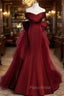 Burgundy Mermaid Satin Tulle Off the Shoulder Formal Prom Dresses